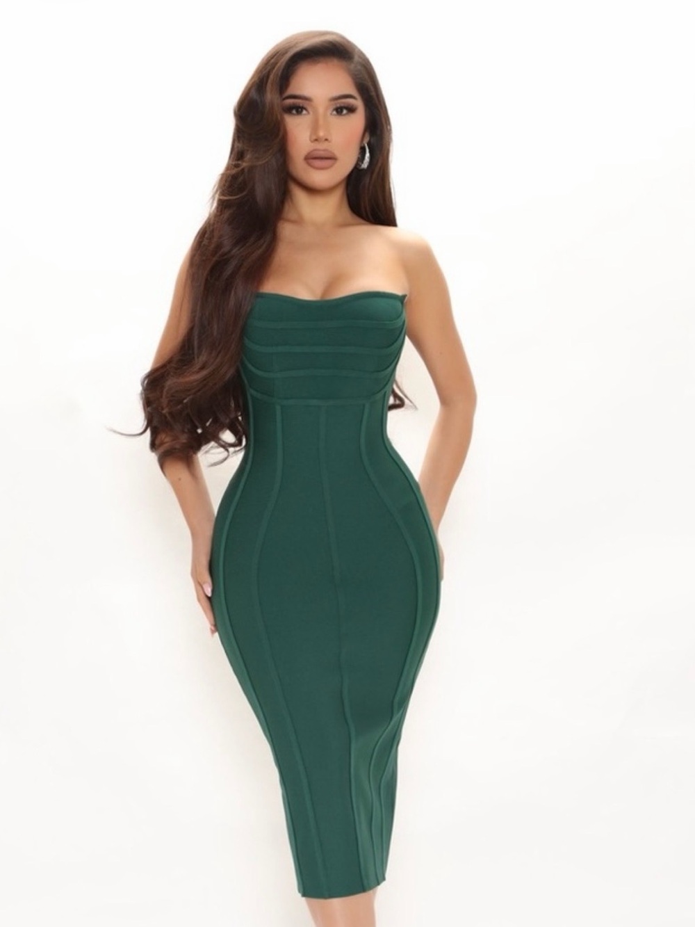 Strapless Green Bodycon Midi Dress